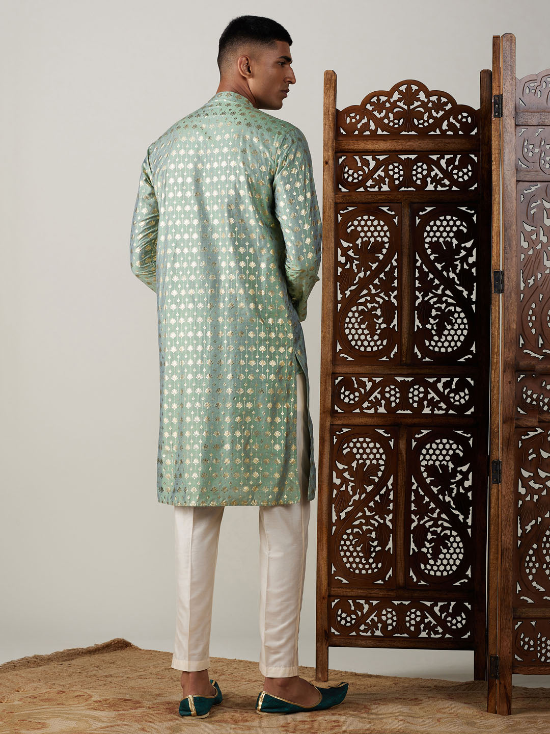 Vastramay mens light green foil printed kurta with cream pant style pyjama set