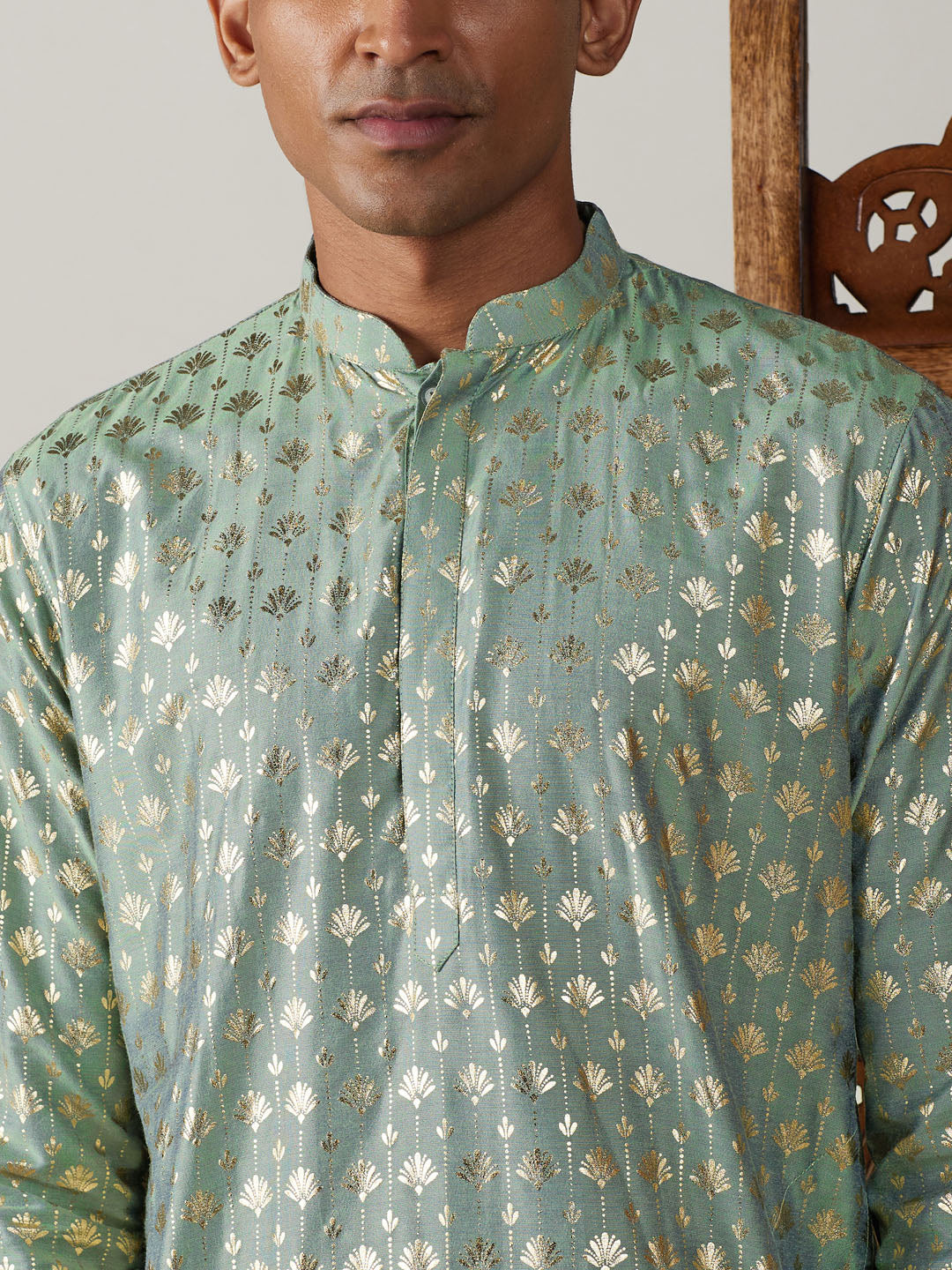 Vastramay mens light green foil printed kurta with cream pant style pyjama set