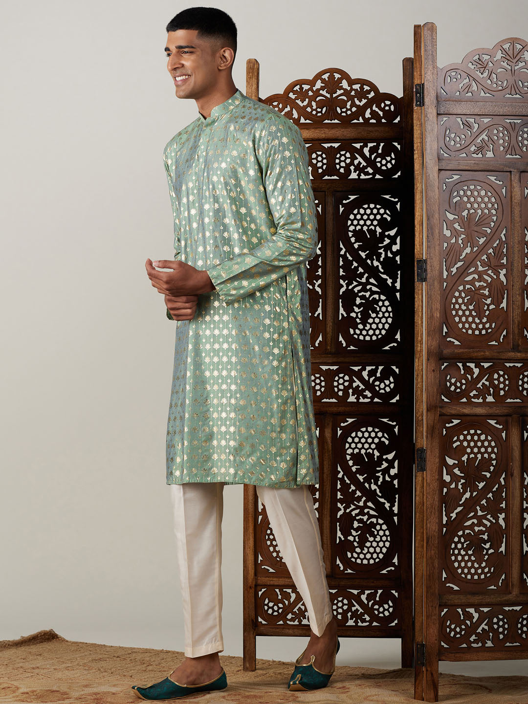 Vastramay mens light green foil printed kurta with cream pant style pyjama set