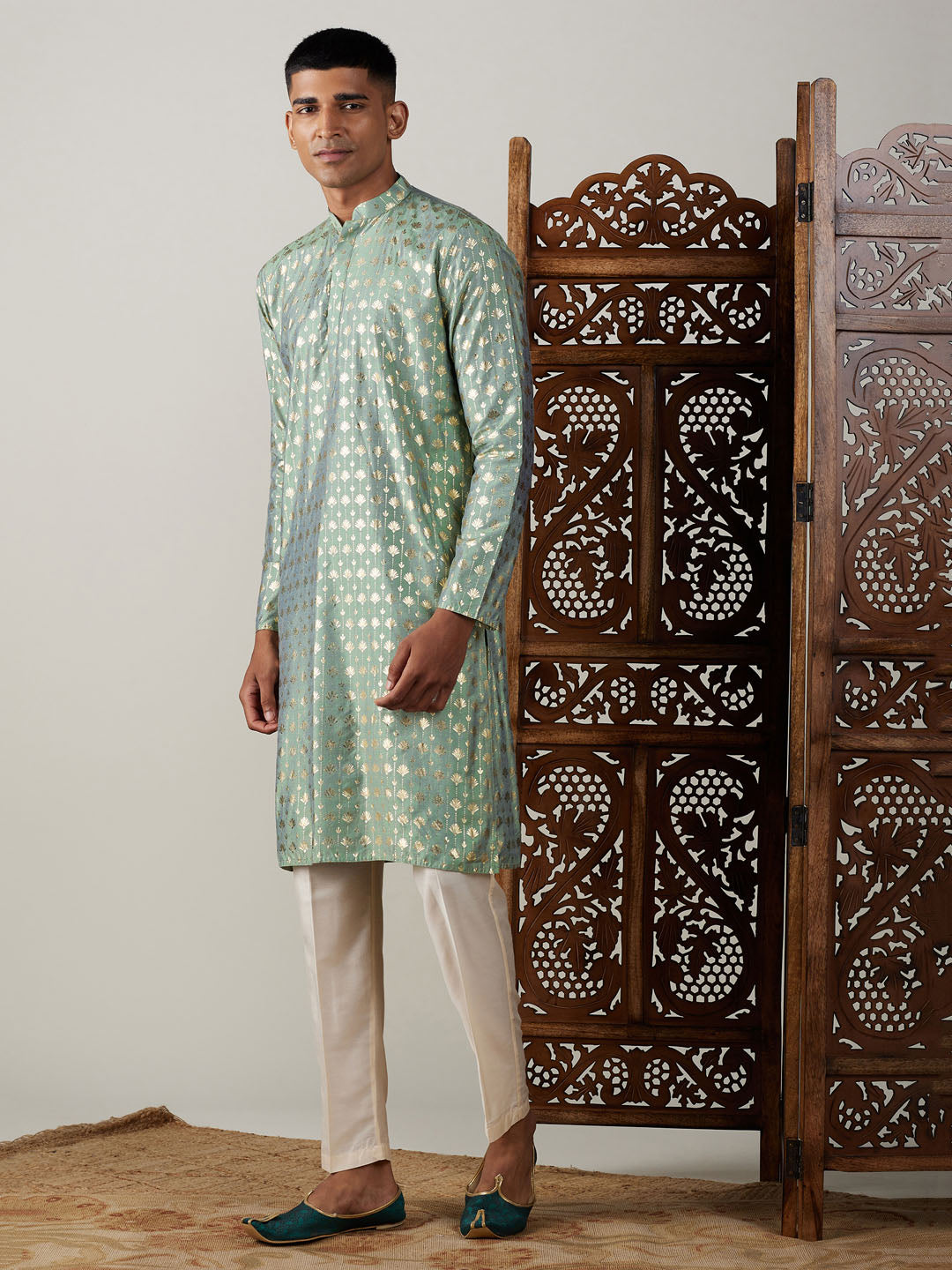 Vastramay mens light green foil printed kurta with cream pant style pyjama set