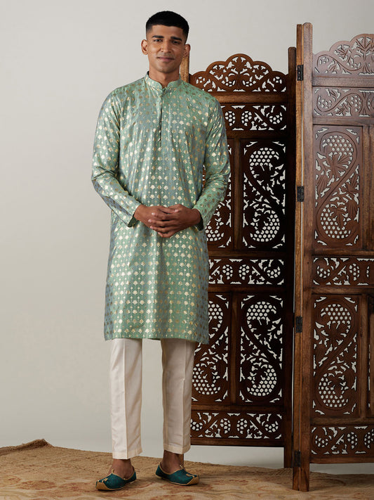 Vastramay mens light green foil printed kurta with cream pant style pyjama set