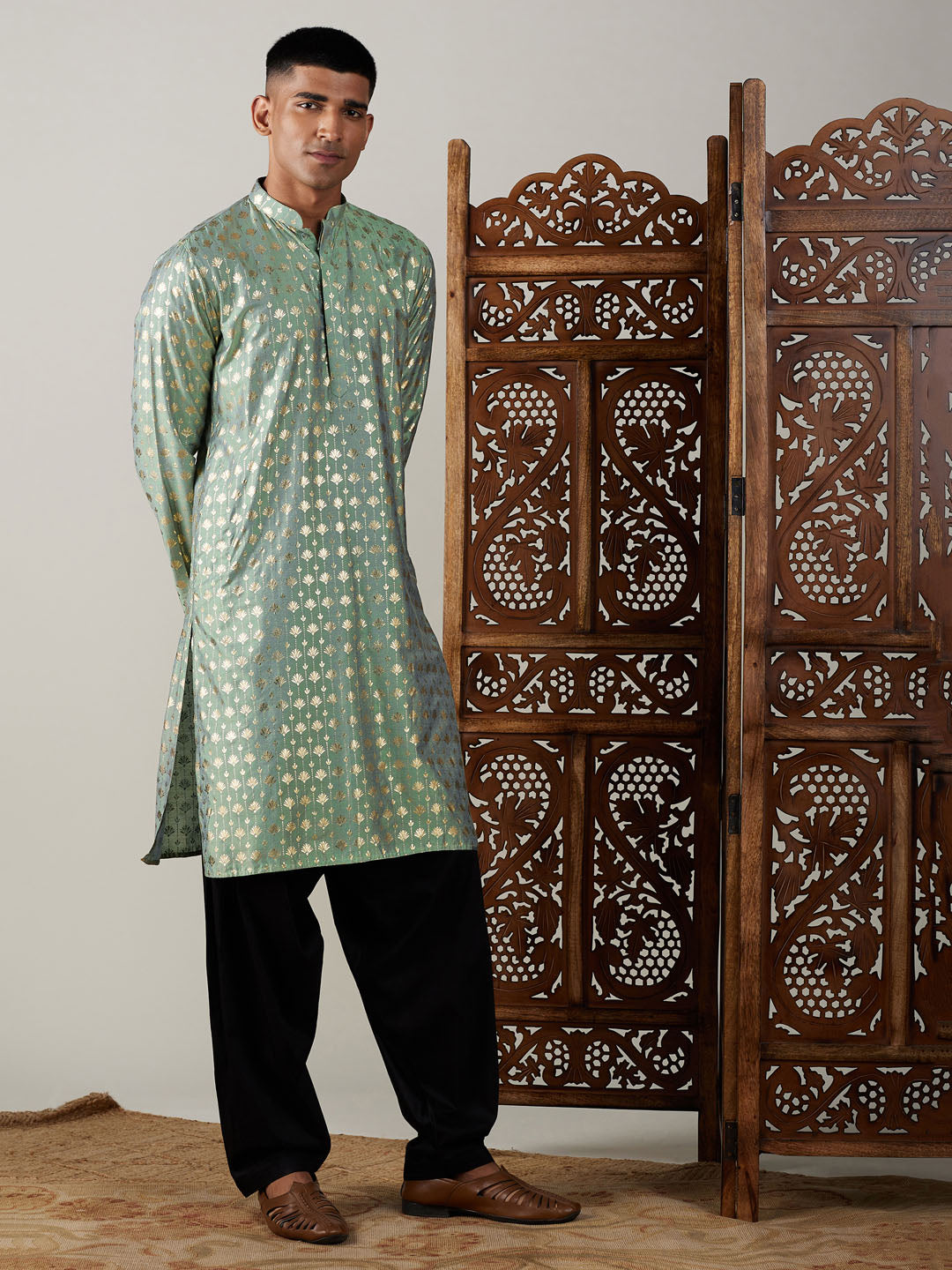 Vastramay mens light green foil printed kurta with black patiala set