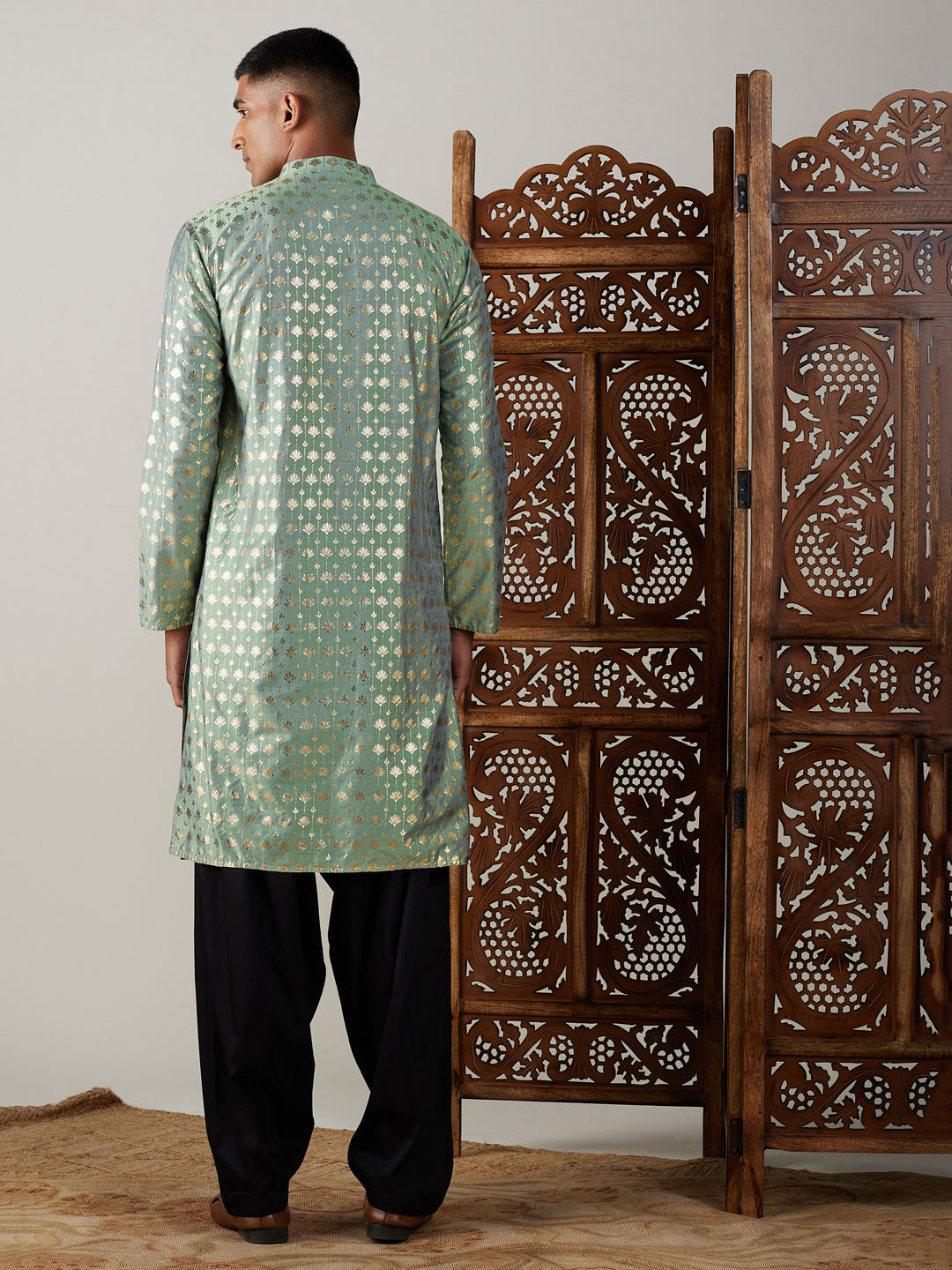 Vastramay mens light green foil printed kurta with black patiala set