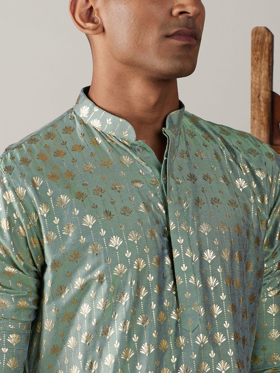 Vastramay mens light green foil printed kurta with black patiala set