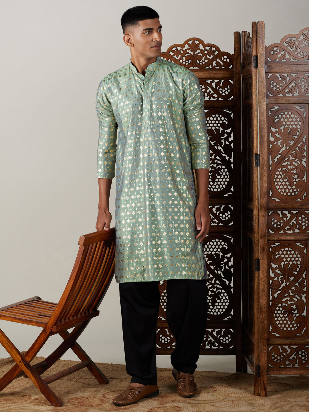 Vastramay mens light green foil printed kurta with black patiala set