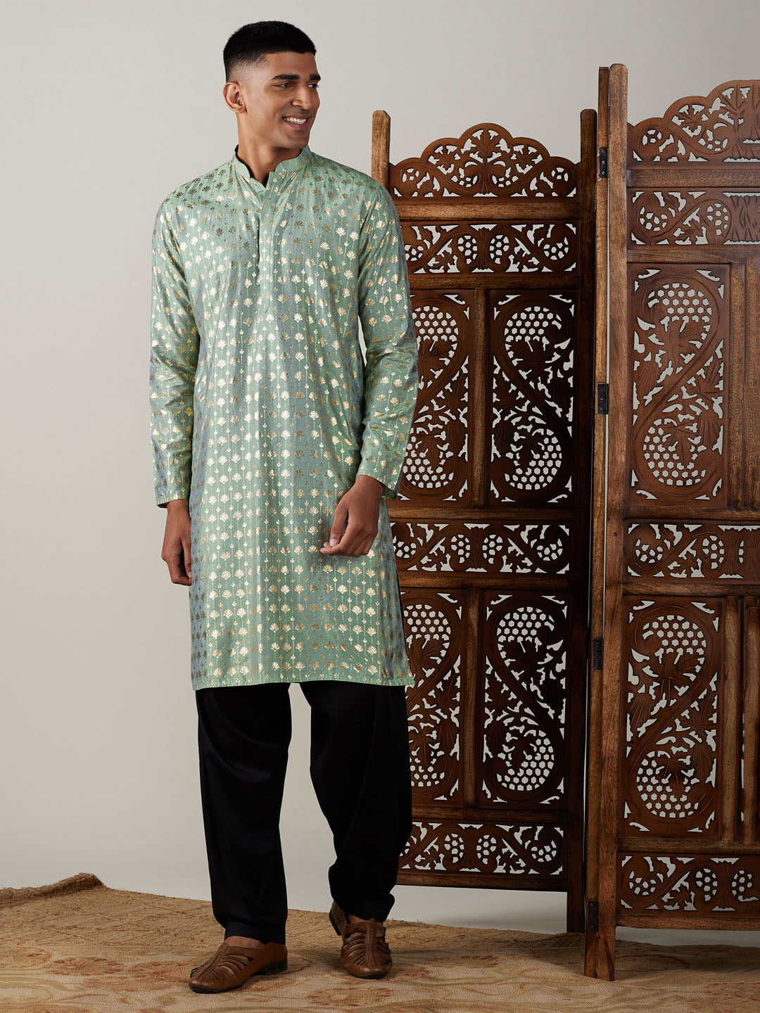 Vastramay mens light green foil printed kurta with black patiala set