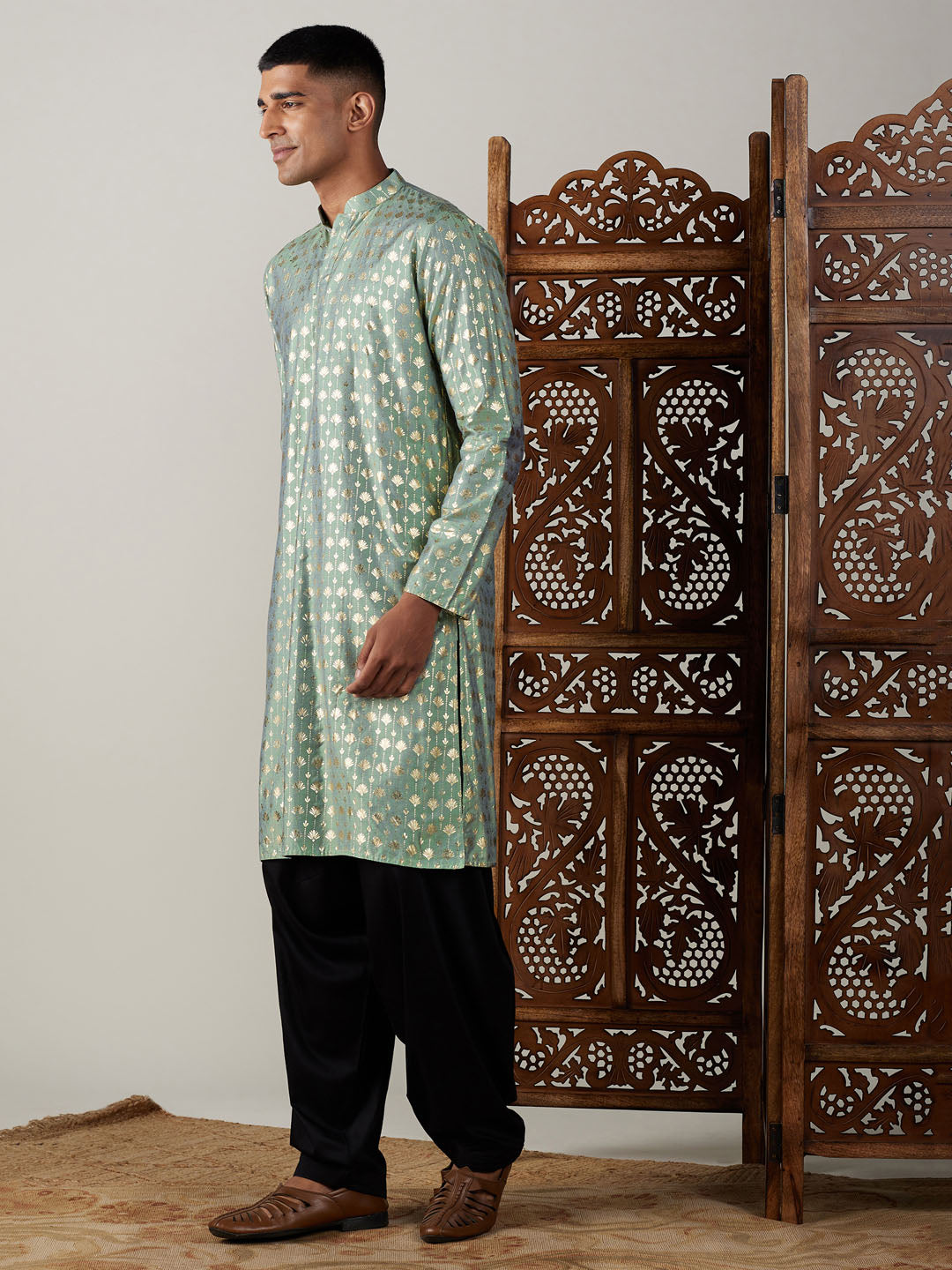 Vastramay mens light green foil printed kurta with black patiala set