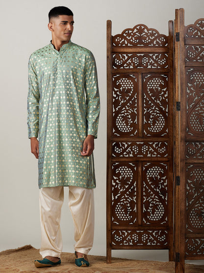 Vastramay mens light green foil printed kurta with cream patiala set