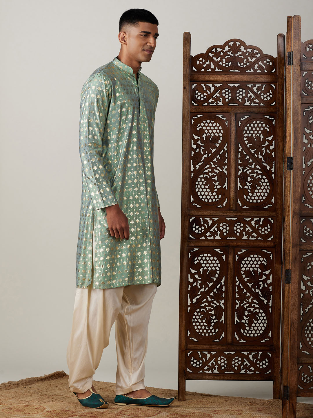 Vastramay mens light green foil printed kurta with cream patiala set