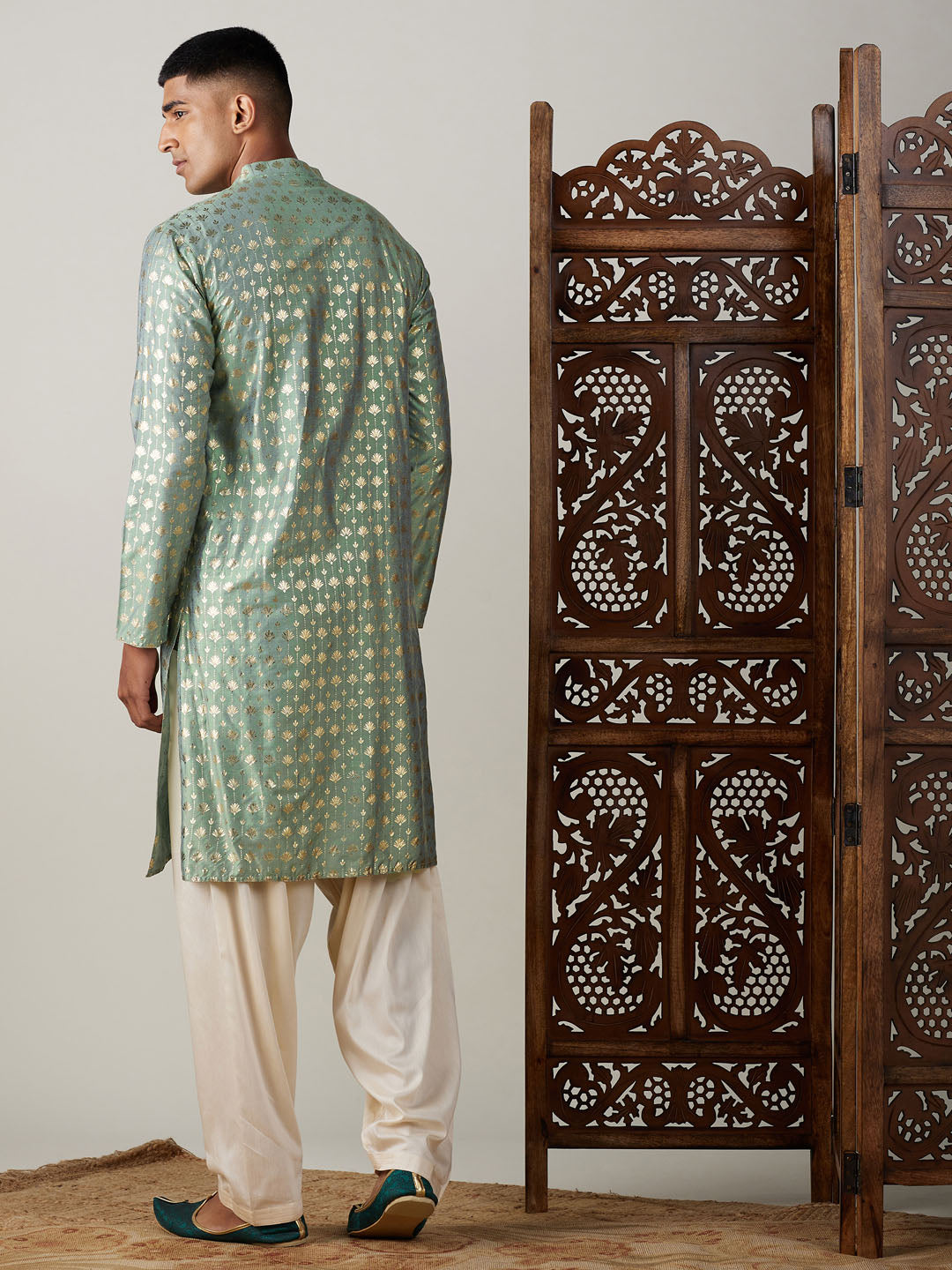 Vastramay mens light green foil printed kurta with cream patiala set