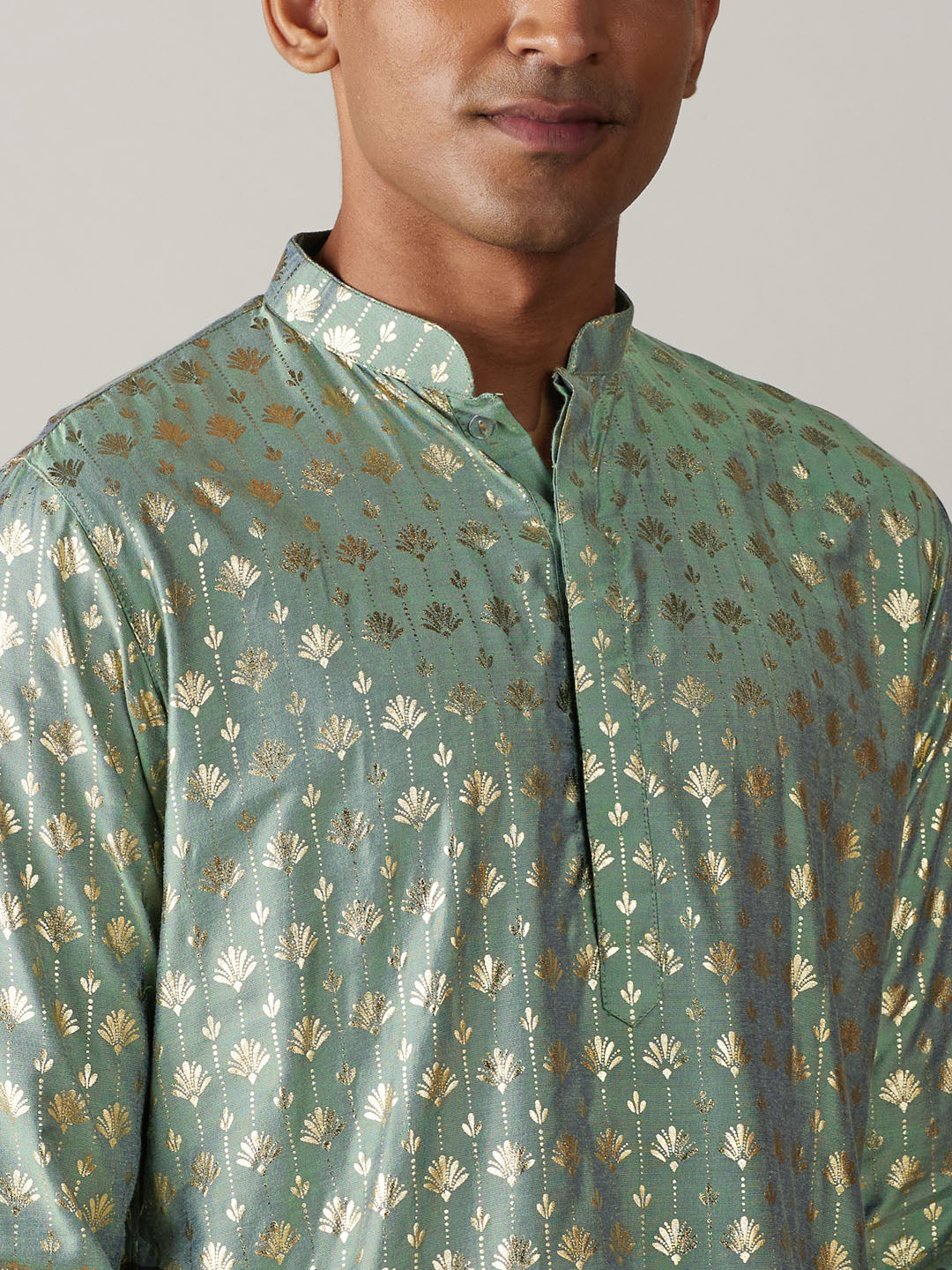 Vastramay mens light green foil printed kurta with cream patiala set