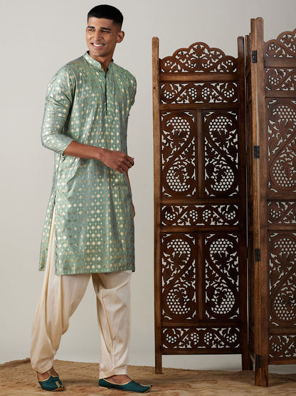 Vastramay mens light green foil printed kurta with cream patiala set