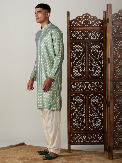 Vastramay mens light green foil printed kurta with cream patiala set