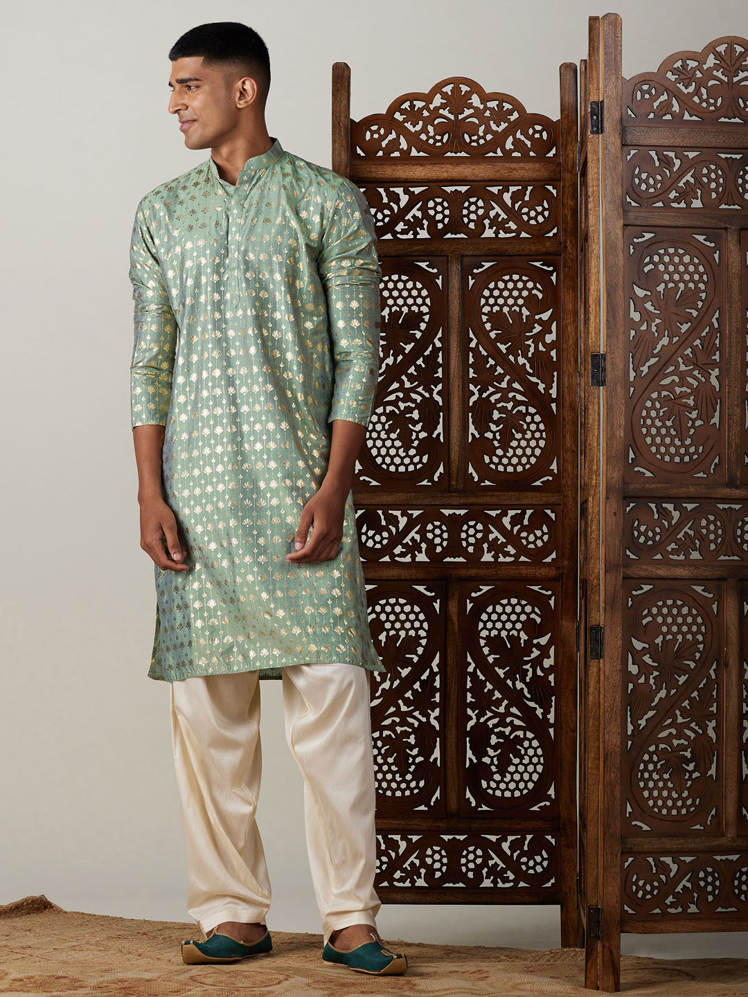 Vastramay mens light green foil printed kurta with cream patiala set