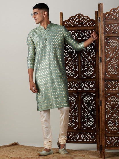 Vastramay mens light green foil printed kurta with cream pyjama set