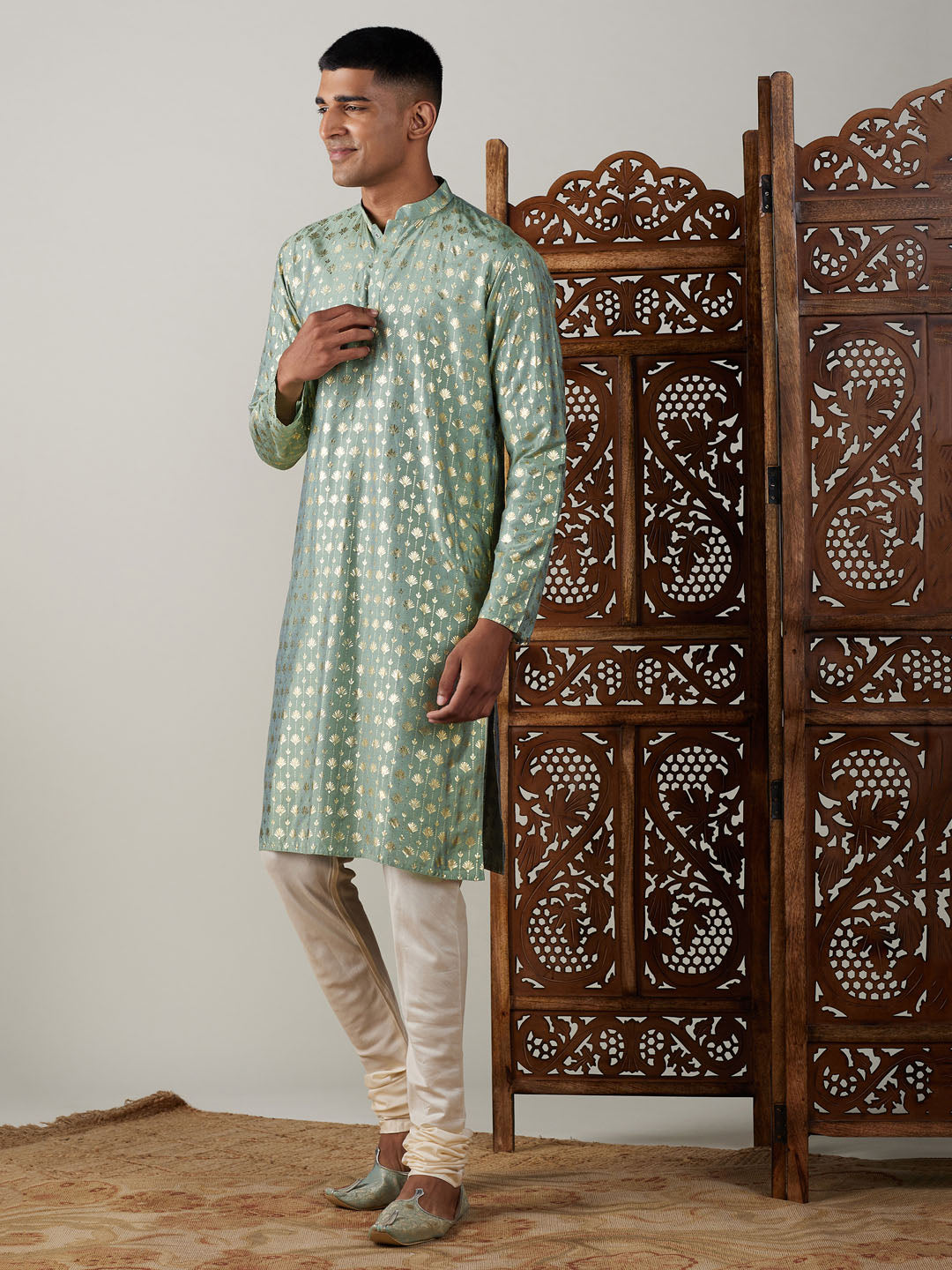 Vastramay mens light green foil printed kurta with cream pyjama set