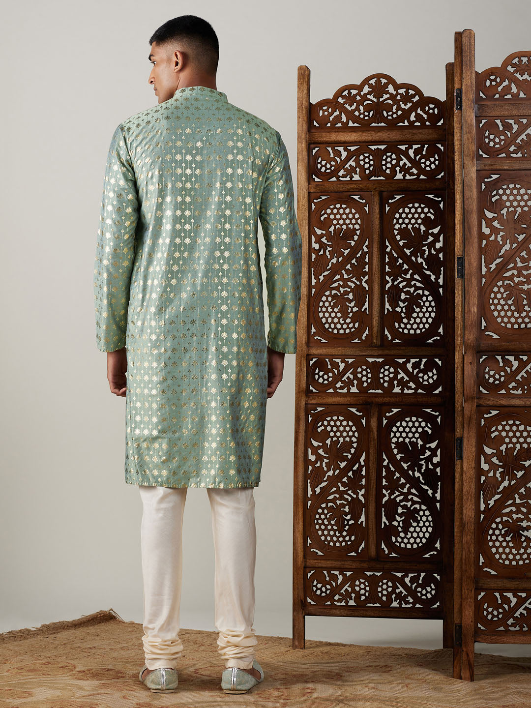 Vastramay mens light green foil printed kurta with cream pyjama set