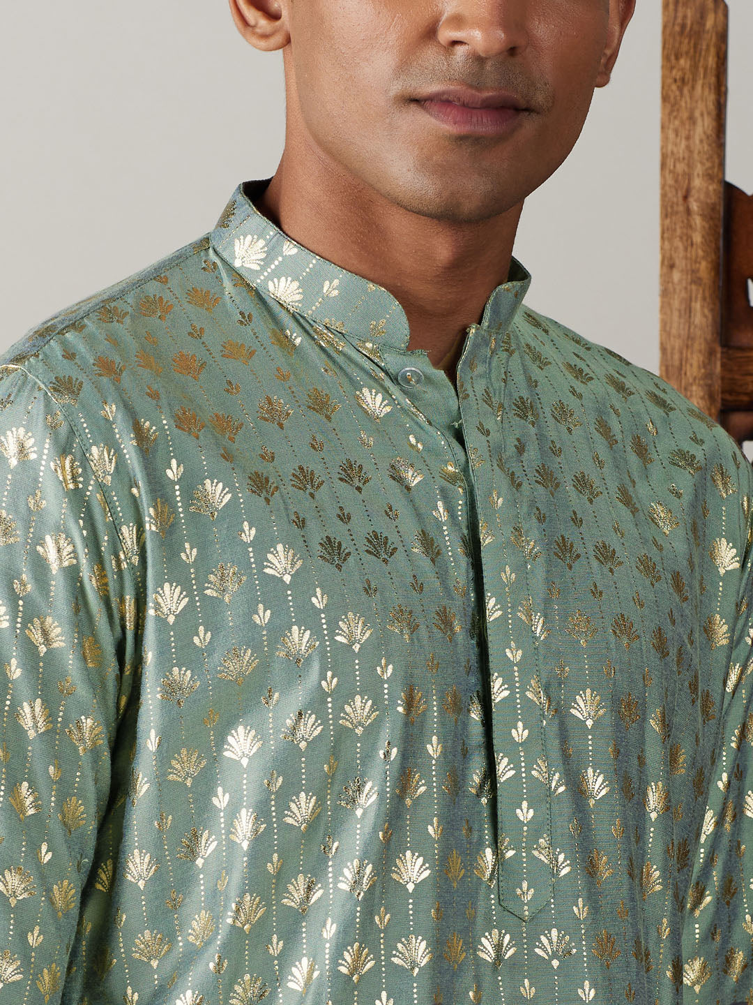 Vastramay mens light green foil printed kurta with cream pyjama set