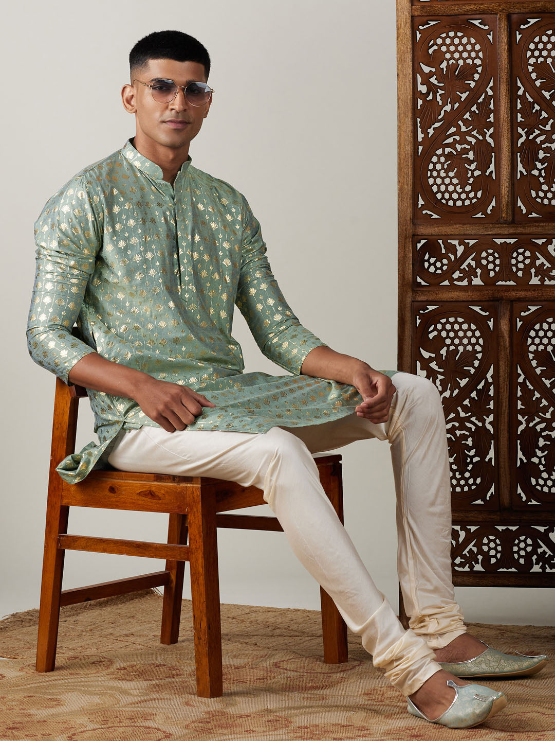 Vastramay mens light green foil printed kurta with cream pyjama set