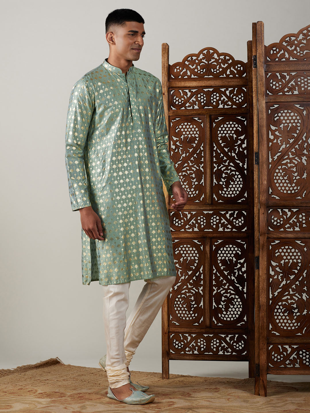 Vastramay mens light green foil printed kurta with cream pyjama set