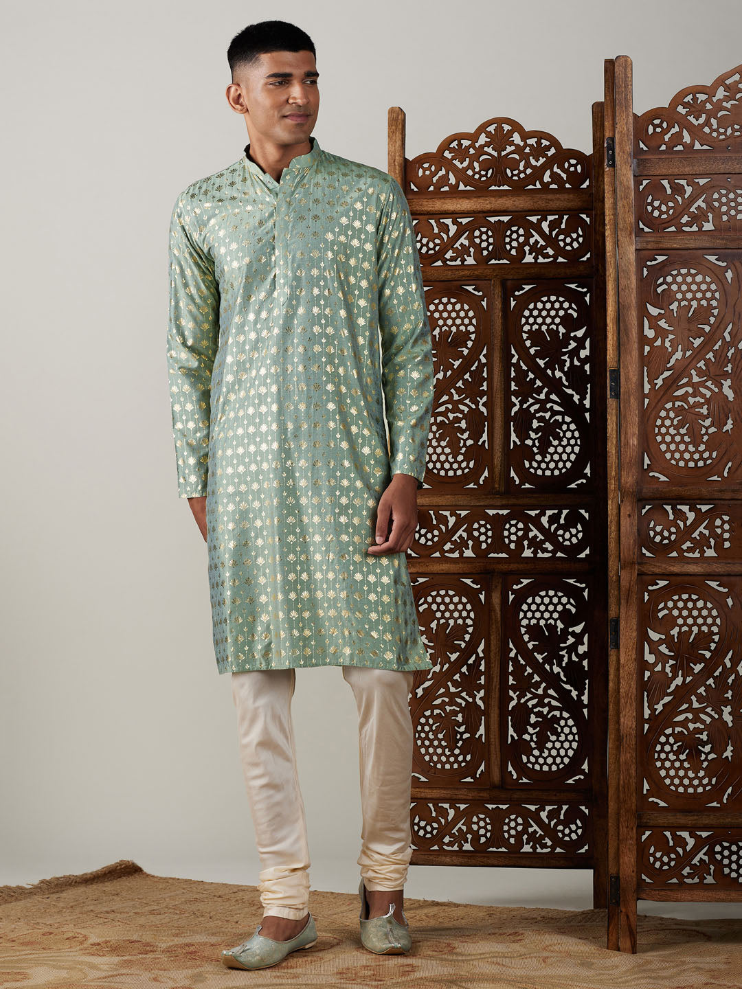 Vastramay mens light green foil printed kurta with cream pyjama set