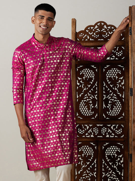 Vastramay mens dark pink foil printed kurta