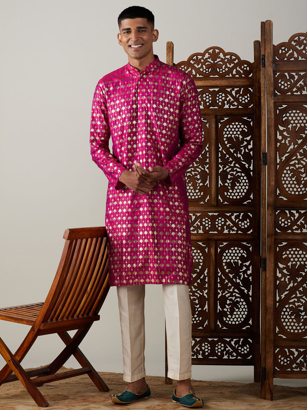 Vastramay mens dark pink foil printed kurta with cream pant style pyjama set