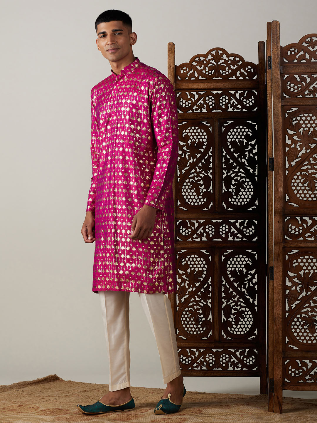 Vastramay mens dark pink foil printed kurta with cream pant style pyjama set