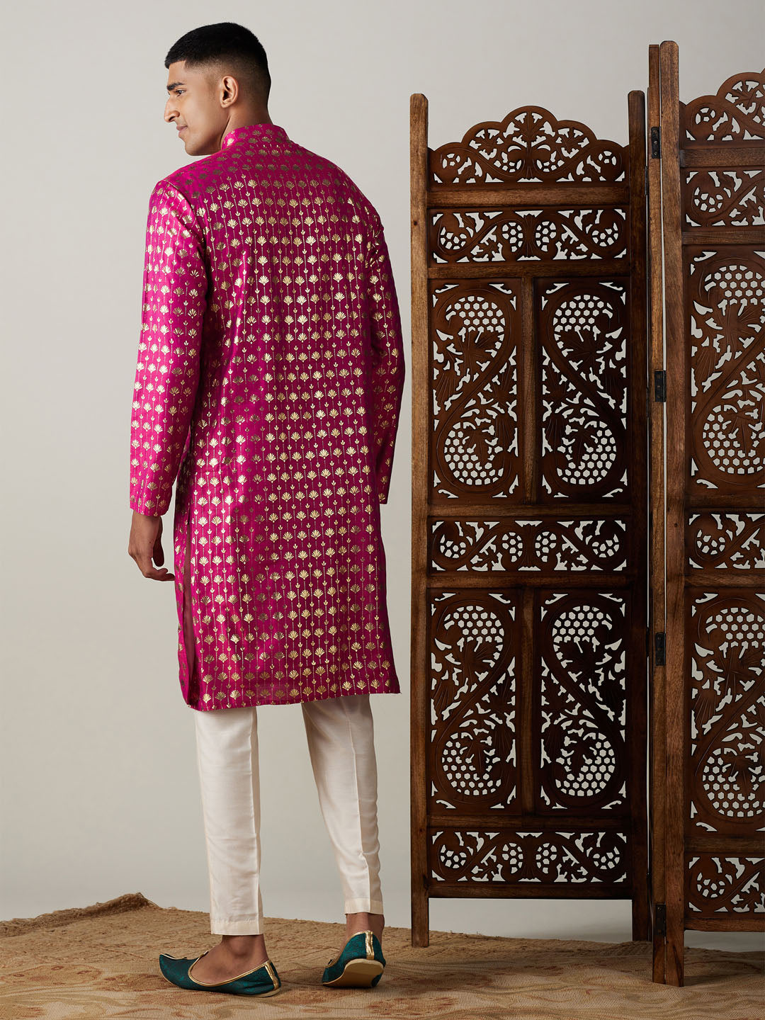 Vastramay mens dark pink foil printed kurta with cream pant style pyjama set