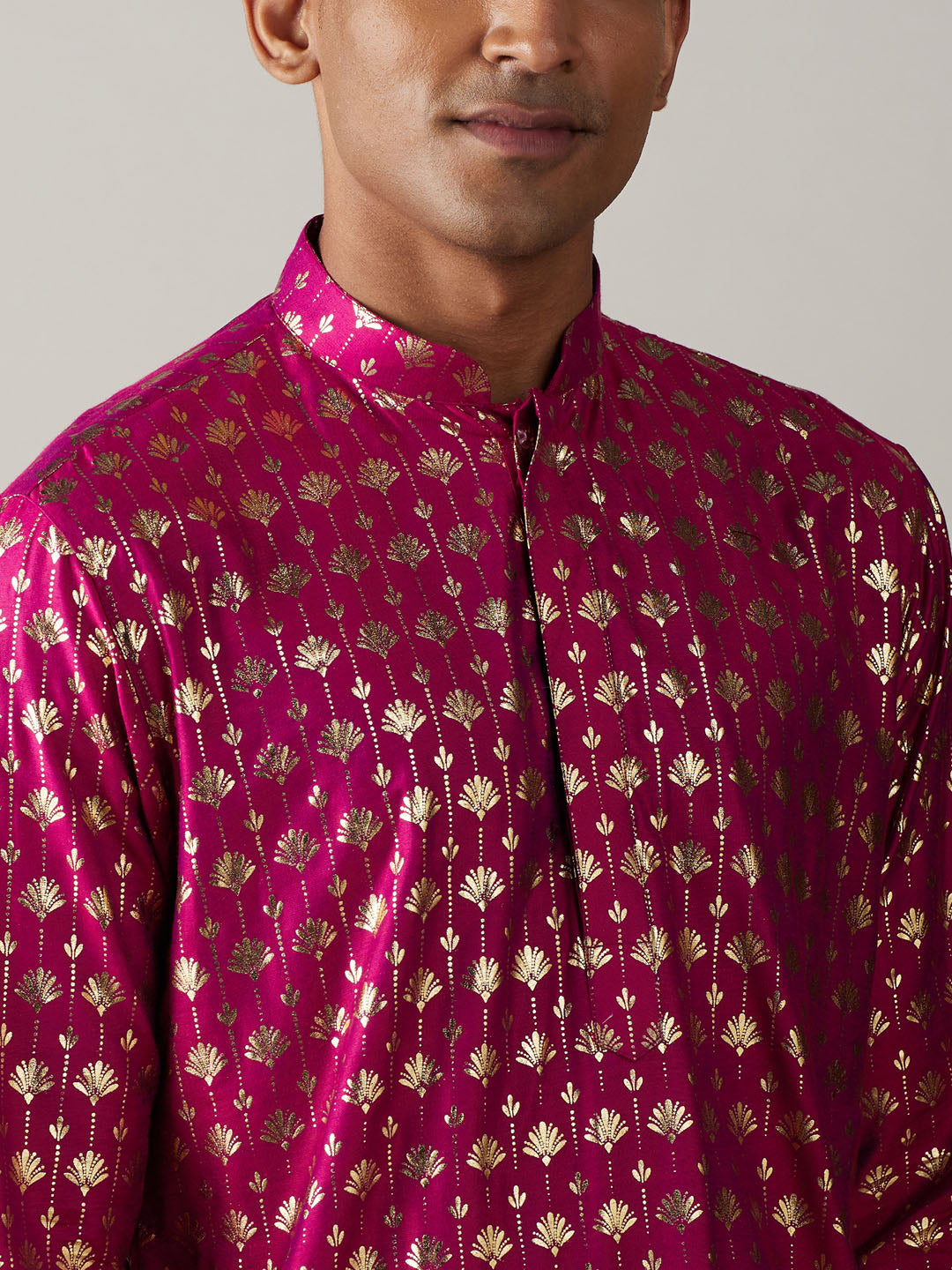 Vastramay mens dark pink foil printed kurta with cream pant style pyjama set