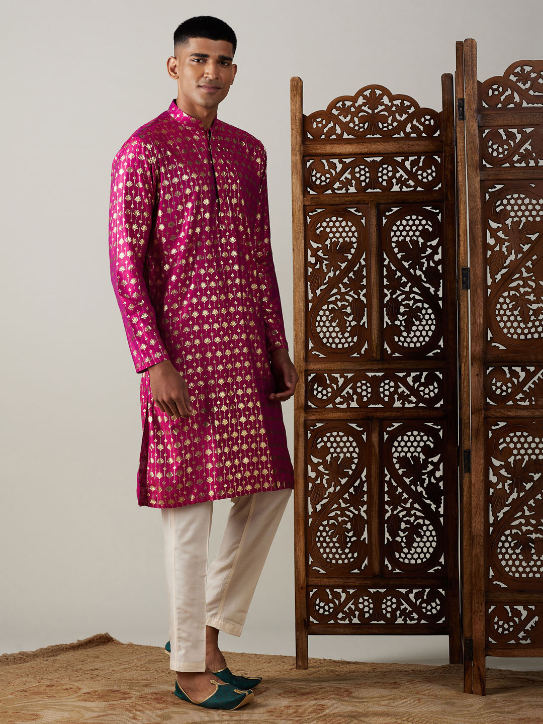 Vastramay mens dark pink foil printed kurta with cream pant style pyjama set