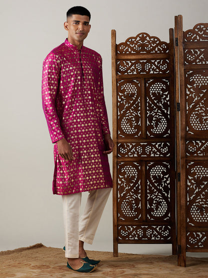 Vastramay mens dark pink foil printed kurta with cream pant style pyjama set