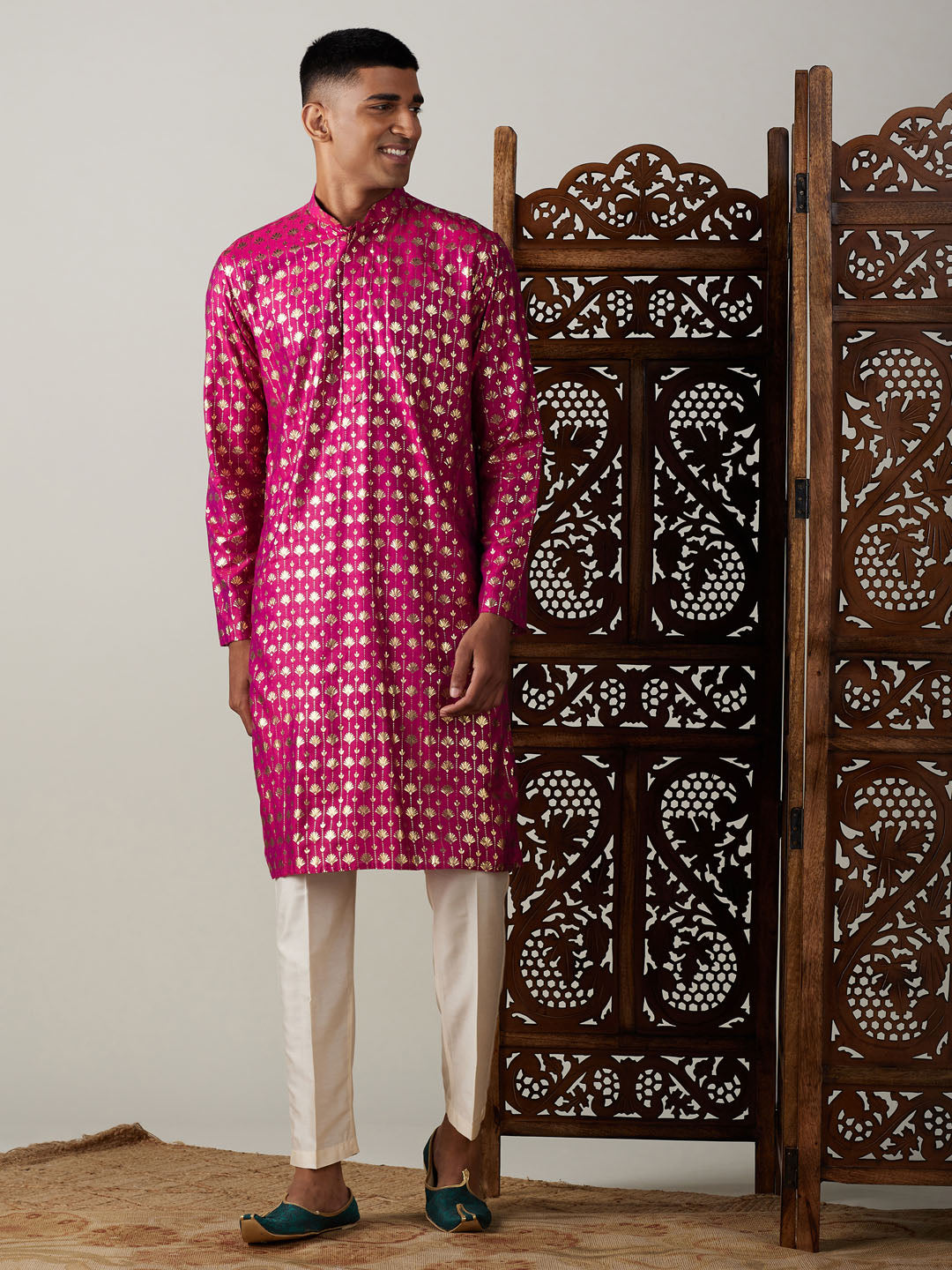 Vastramay mens dark pink foil printed kurta with cream pant style pyjama set