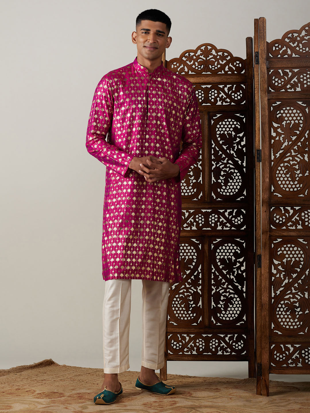 Vastramay mens dark pink foil printed kurta with cream pant style pyjama set