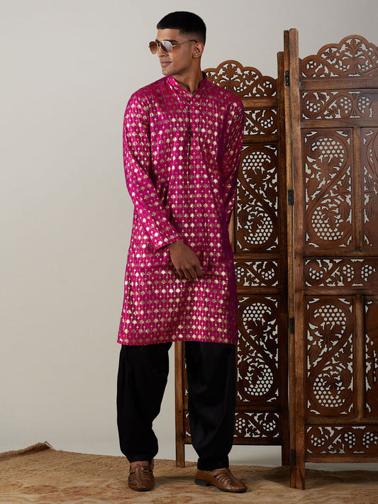 Vastramay mens dark pink foil printed kurta with black patiala set