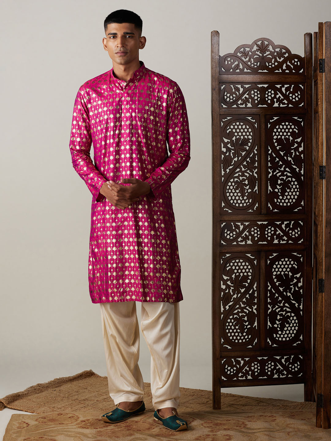 Vastramay mens dark pink foil printed kurta with cream patiala set