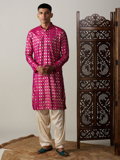 Vastramay mens dark pink foil printed kurta with cream patiala set