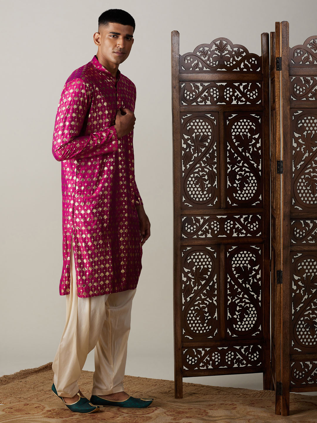 Vastramay mens dark pink foil printed kurta with cream patiala set