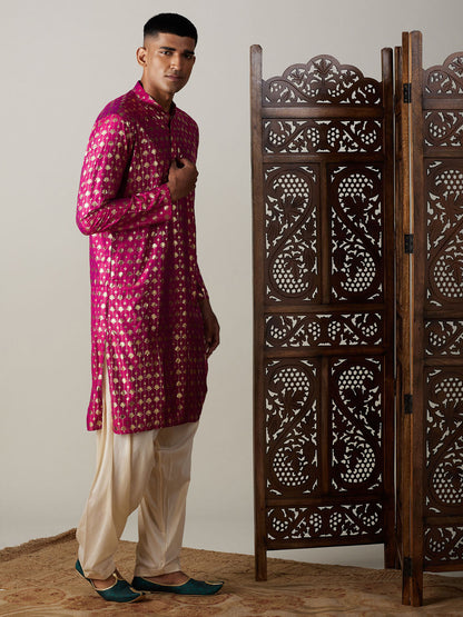 Vastramay mens dark pink foil printed kurta with cream patiala set