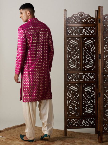 Vastramay mens dark pink foil printed kurta with cream patiala set