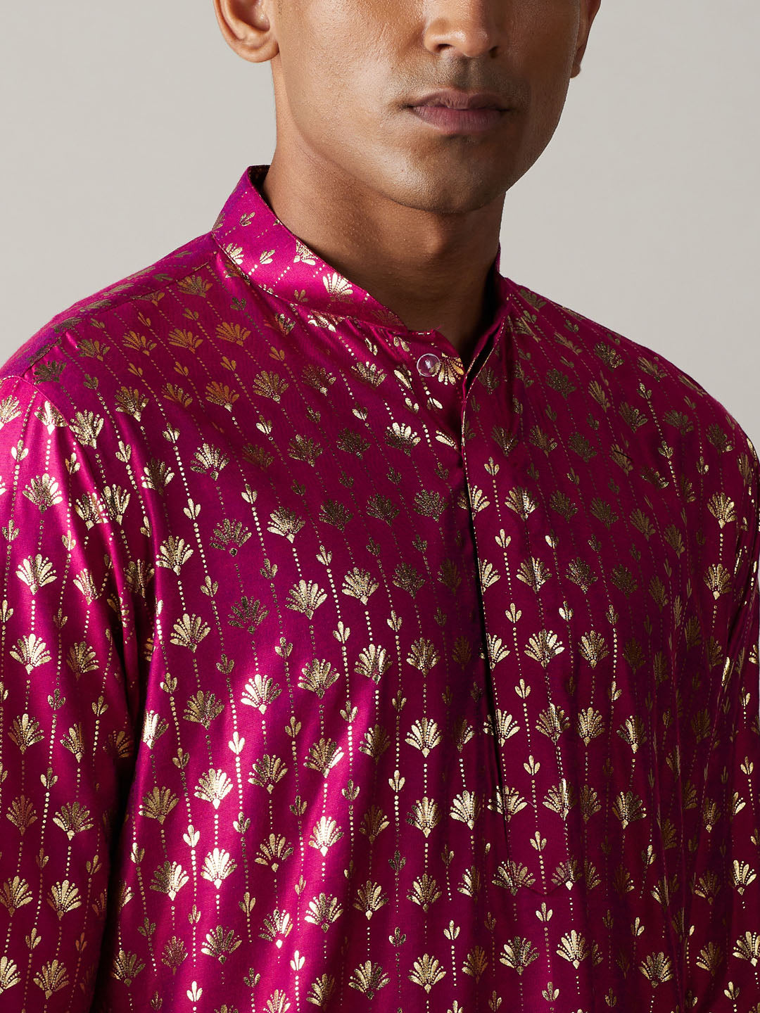 Vastramay mens dark pink foil printed kurta with cream patiala set