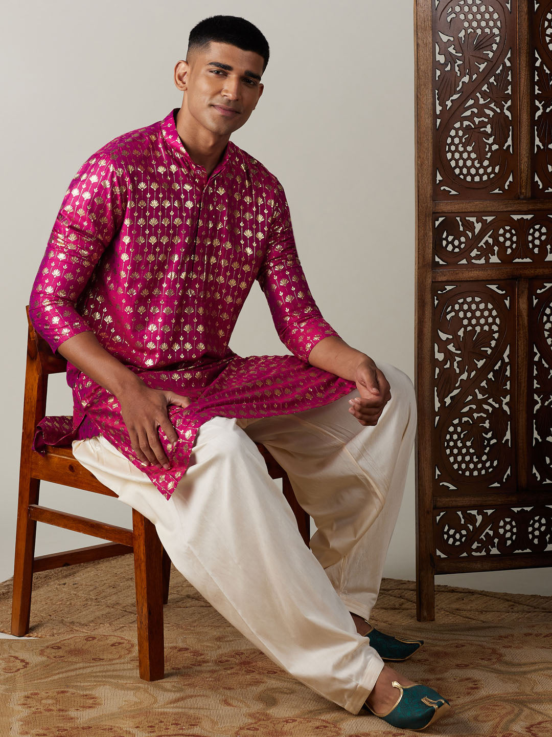 Vastramay mens dark pink foil printed kurta with cream patiala set
