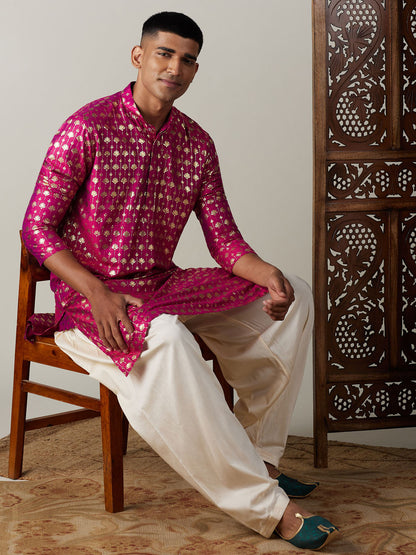 Vastramay mens dark pink foil printed kurta with cream patiala set