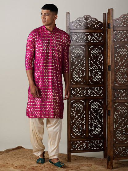 Vastramay mens dark pink foil printed kurta with cream patiala set