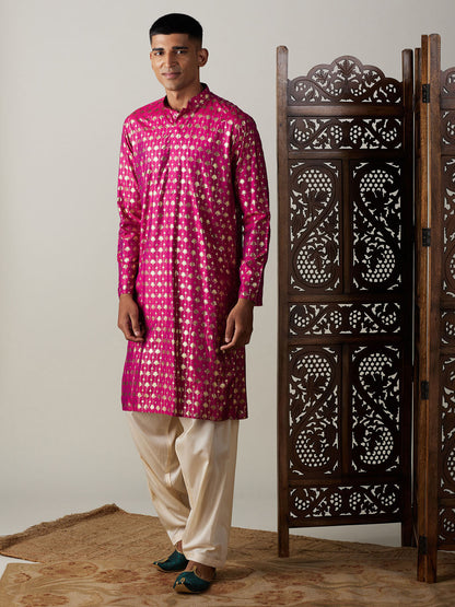 Vastramay mens dark pink foil printed kurta with cream patiala set