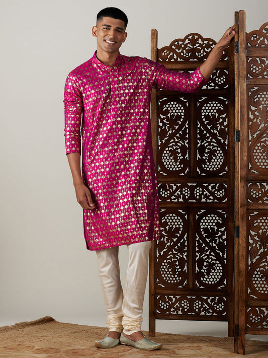 Vastramay mens dark pink foil printed kurta with cream pyjama set