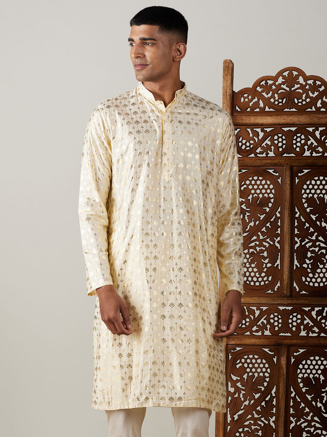 Vastramay mens gold foil printed kurta