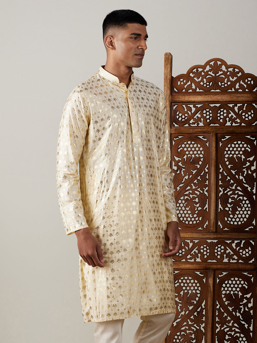 Vastramay mens gold foil printed kurta