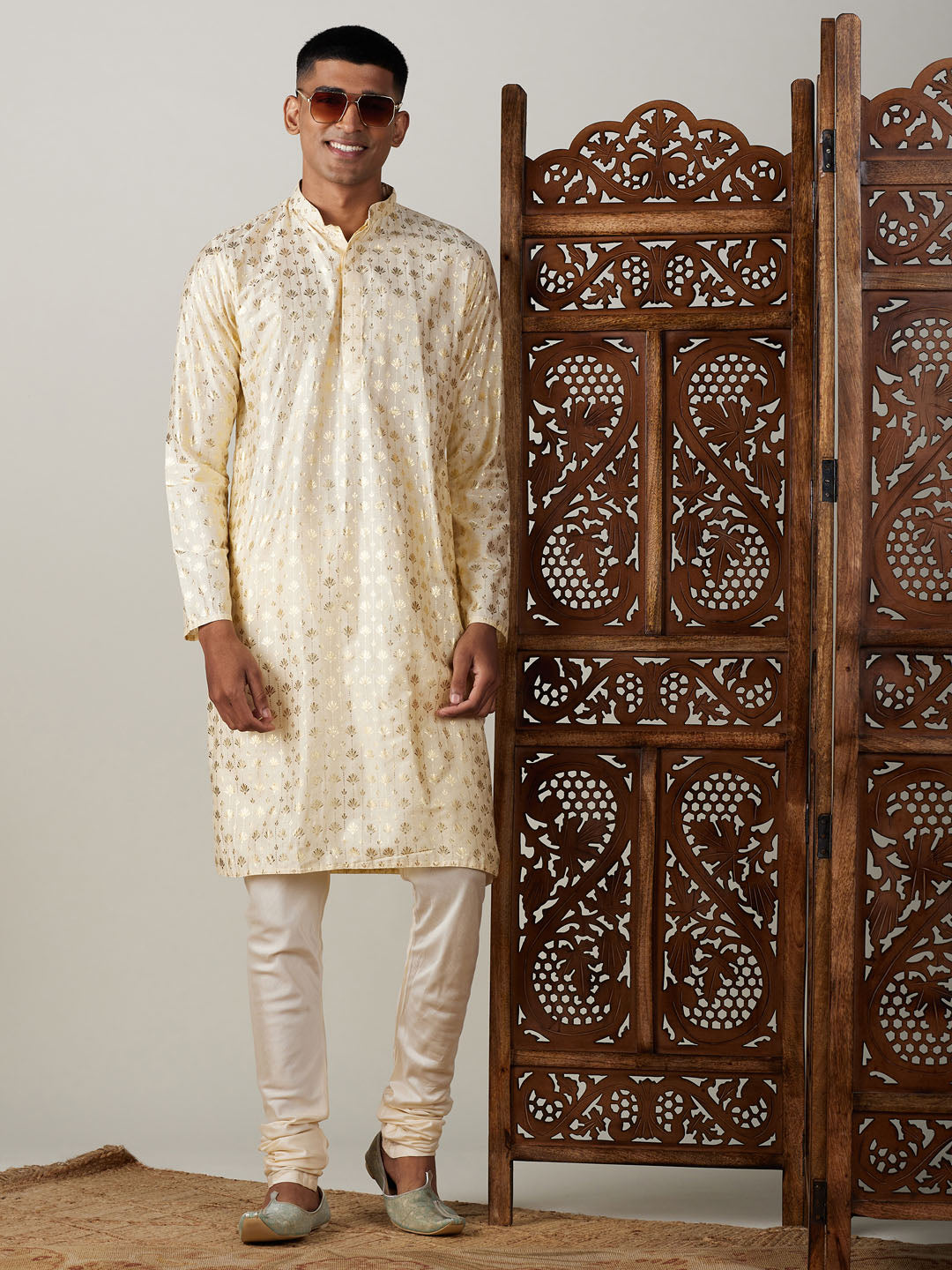 Vastramay mens gold foil printed kurta