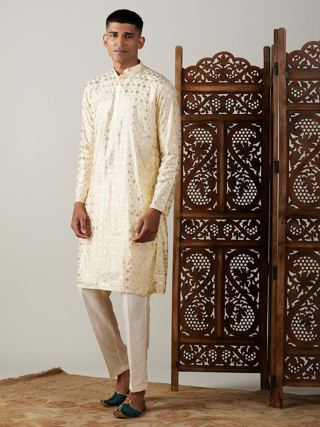 Vastramay mens gold foil printed kurta with cream pant style pyjama set